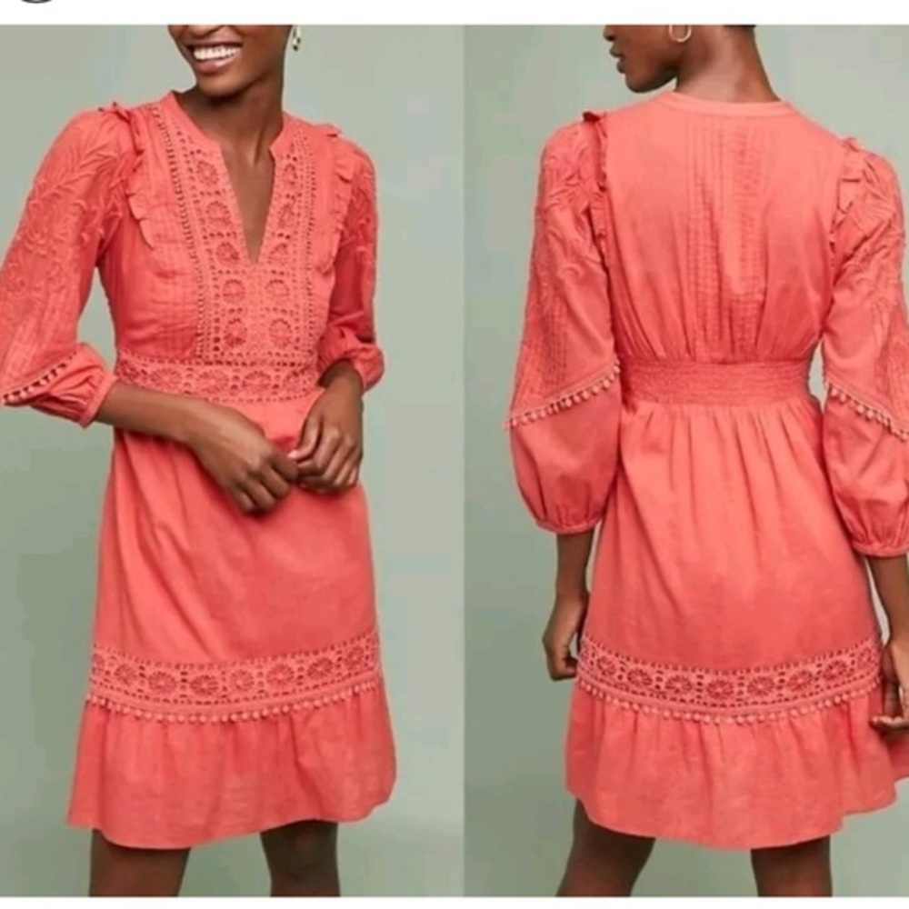 ANTHROPOLOGIE AKEMI + KIN JOSEPHINE Coral Embroidered Women's Dress SIZE XS
